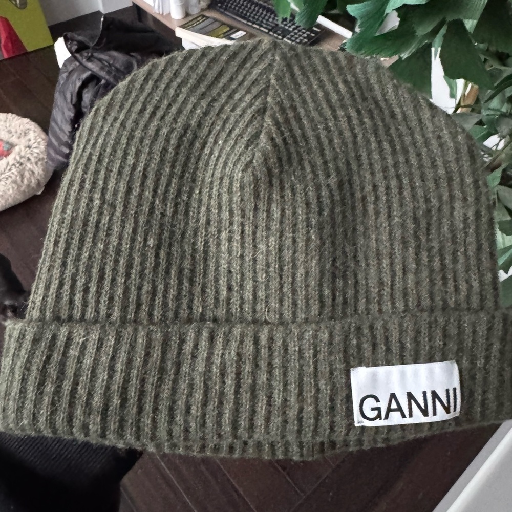 GANNI Olive Green Ribbed Beanie